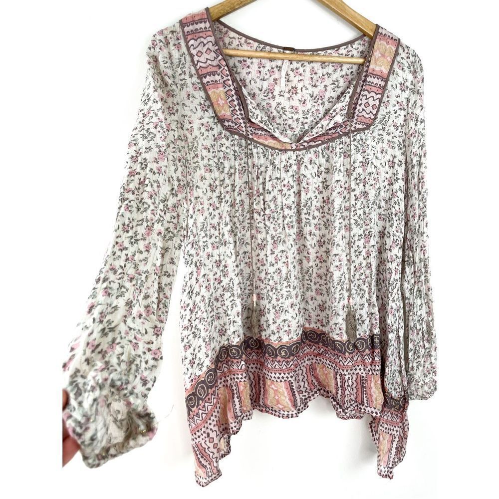 Free People Dream Lover Tunic Boho Peasant Tassel Long Sleeve Blouse with Floral - Picture 6 of 16